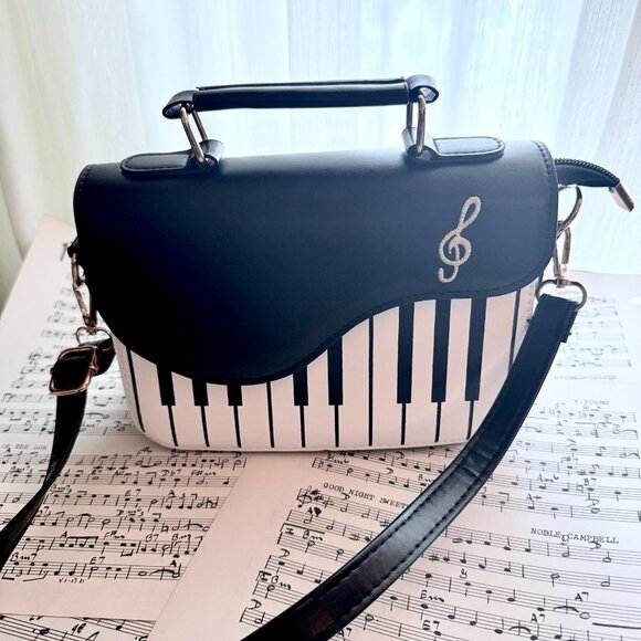Piano Themed Crossbody Bag Magnetic Closure Adjustable Strap Keyboard Black Whit - Picture 1 of 15